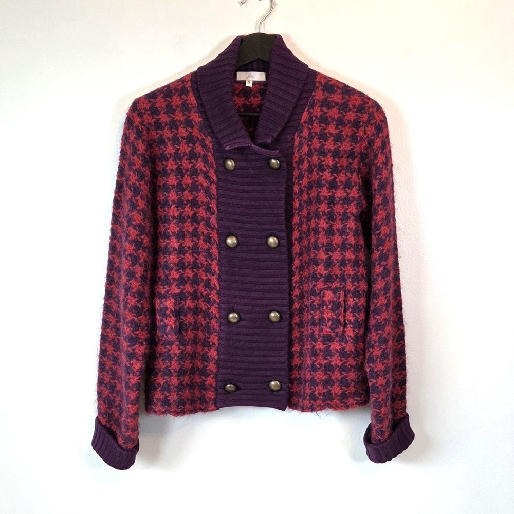 Joie 100% Cashmere Houndstooth Cardigan S Sweater Double Breasted Purple Red